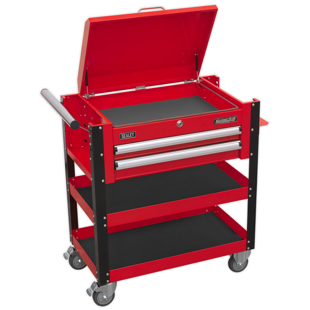 Heavy-Duty Mobile Tool & Parts Trolley with Lockable Top & 2 Drawers - Red AP760M