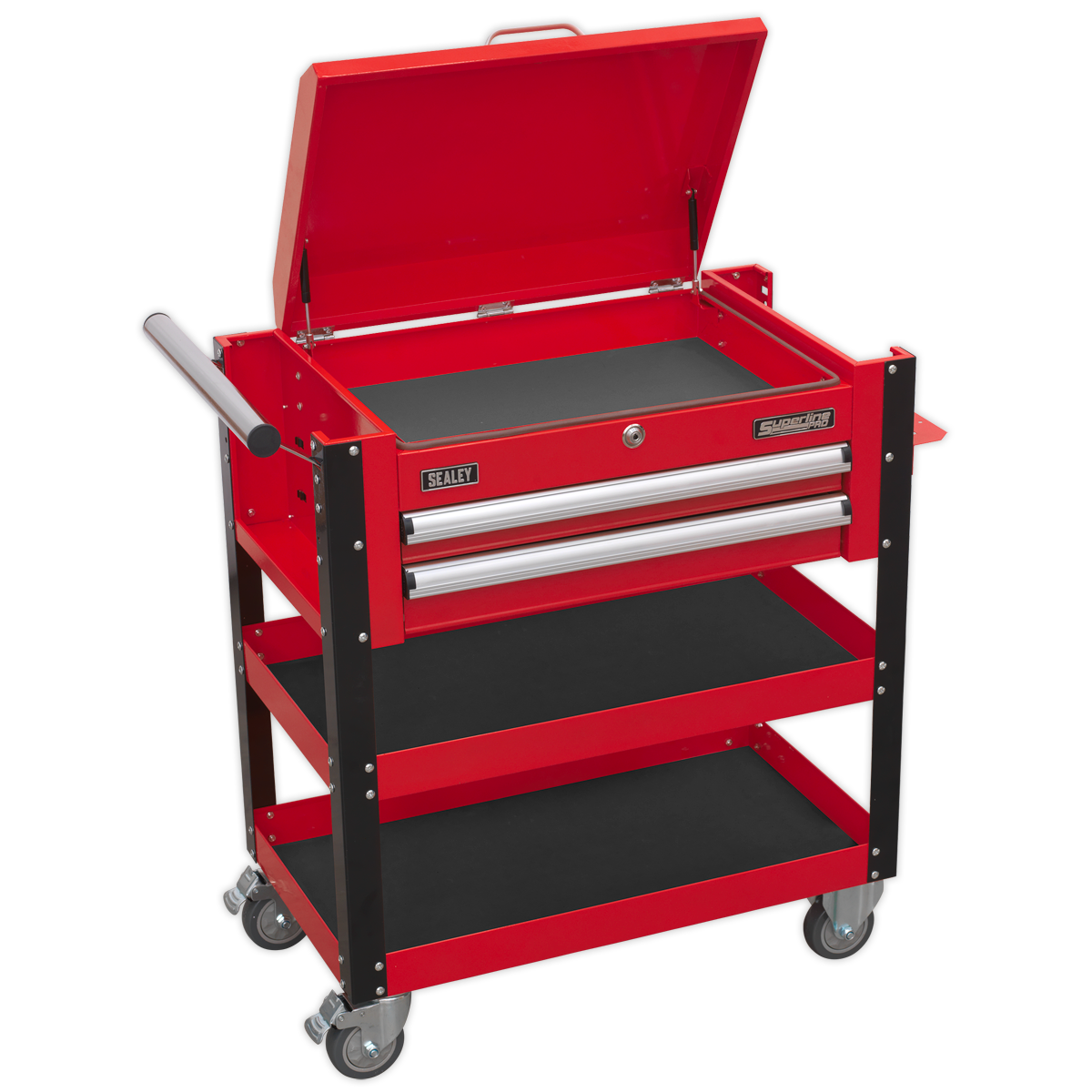 Heavy-Duty Mobile Tool & Parts Trolley with Lockable Top & 2 Drawers - Red AP760M
