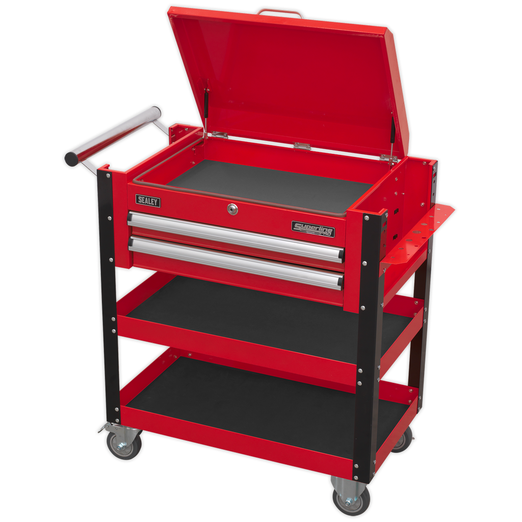Heavy-Duty Mobile Tool & Parts Trolley with Lockable Top & 2 Drawers - Red AP760M
