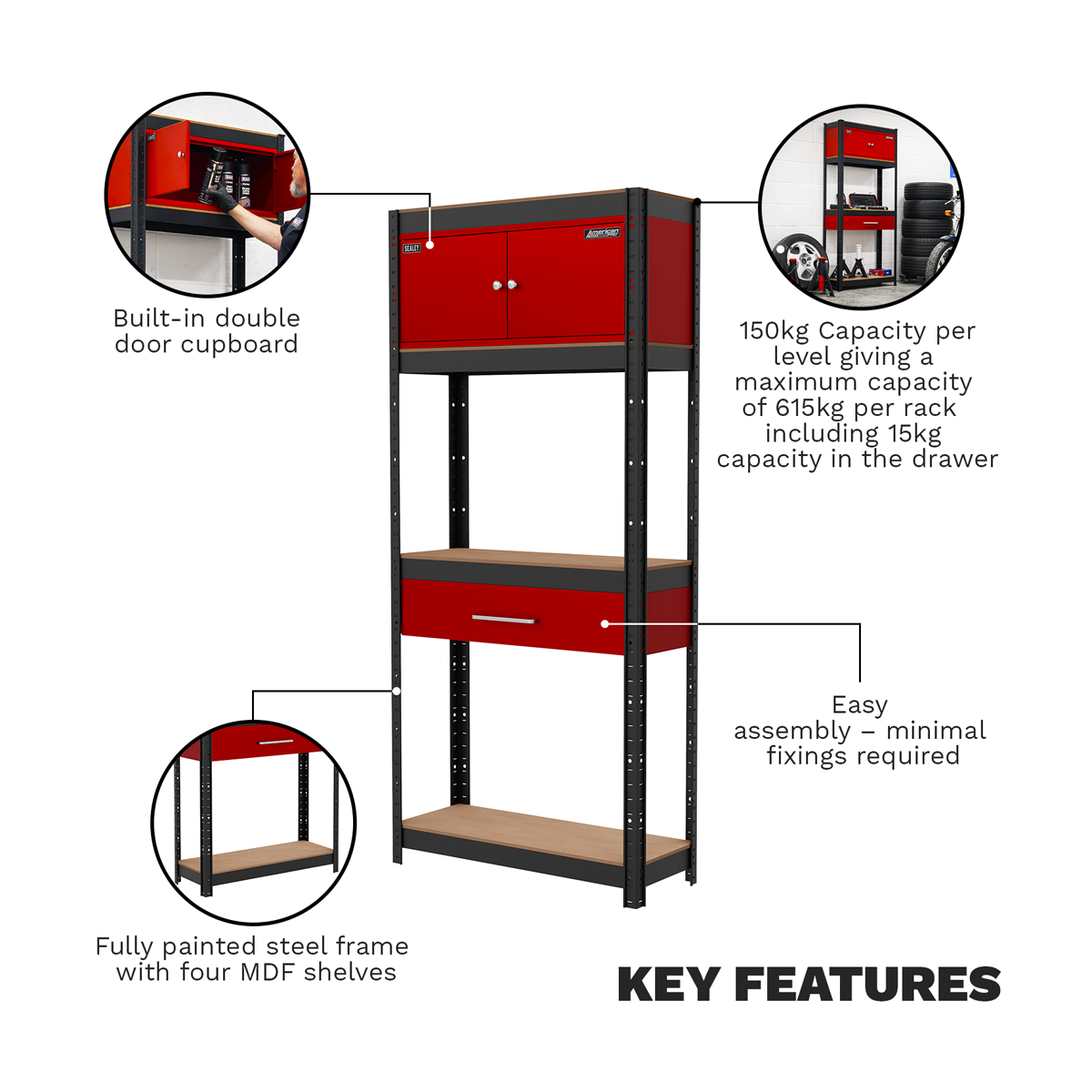 Shelving Unit 4-Tier with Cupboard & Drawer 150kg Capacity Per Level AP830R