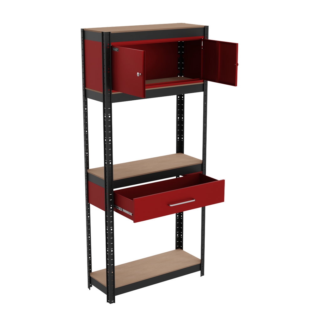 Shelving Unit 4-Tier with Cupboard & Drawer 150kg Capacity Per Level AP830R