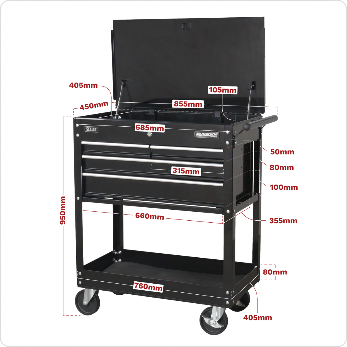 Heavy-Duty Mobile Tool & Parts Trolley with 4 Drawers & Lockable Top - Black AP850MB
