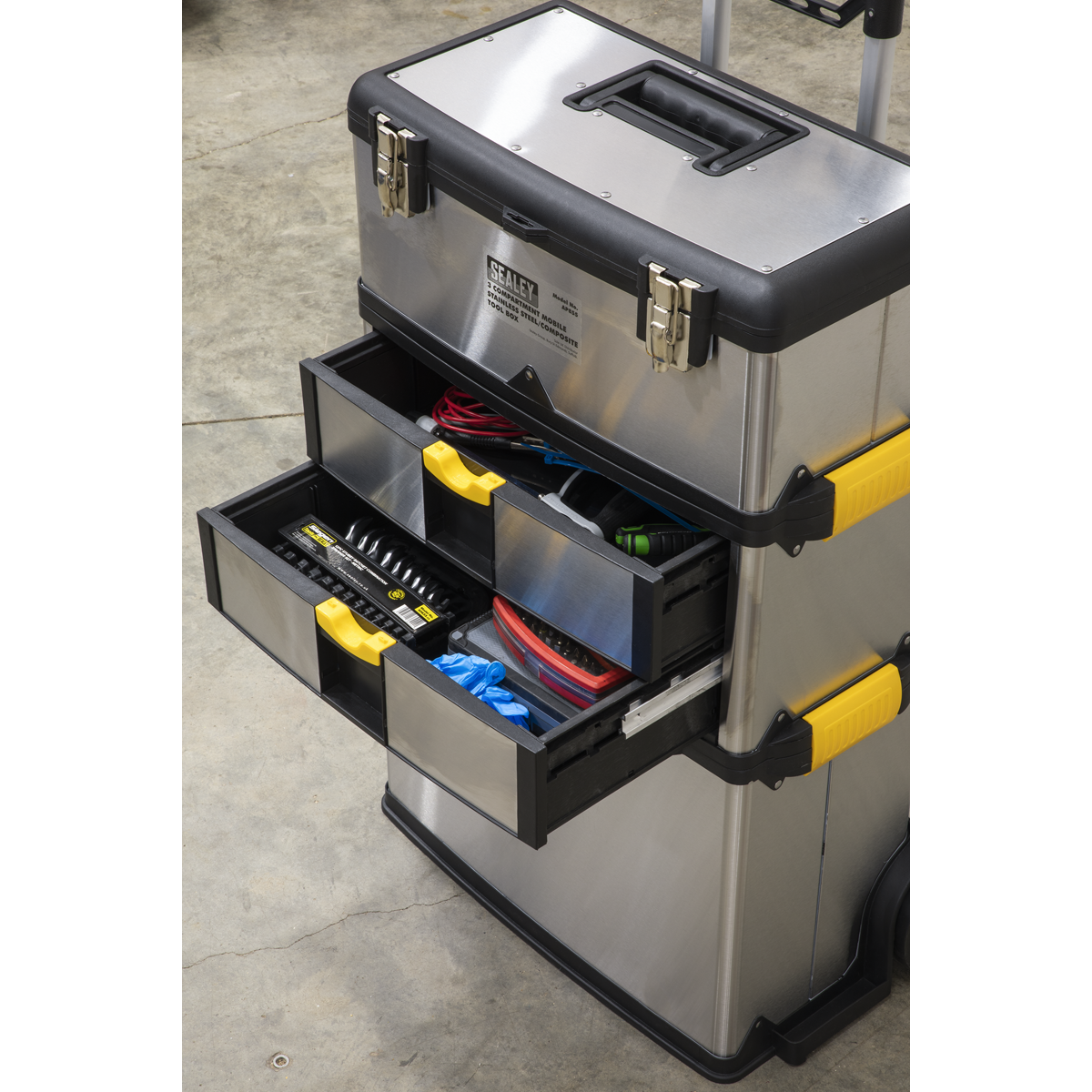 Mobile Stainless Steel/Composite Toolbox with 3 Compartments AP855