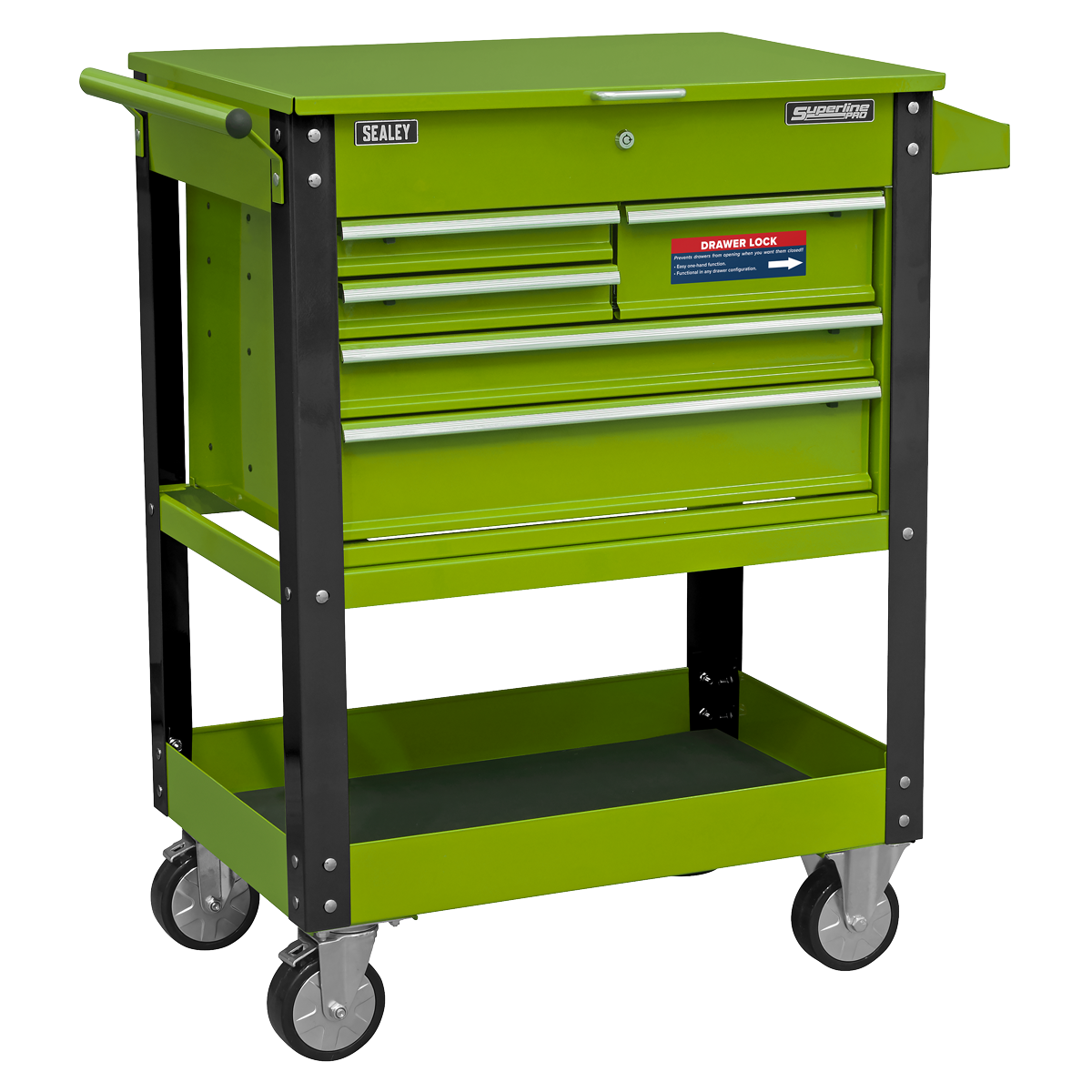 Heavy-Duty Mobile Tool & Parts Trolley with 5 Drawers and Lockable Top - Hi-Vis Green AP890MHV