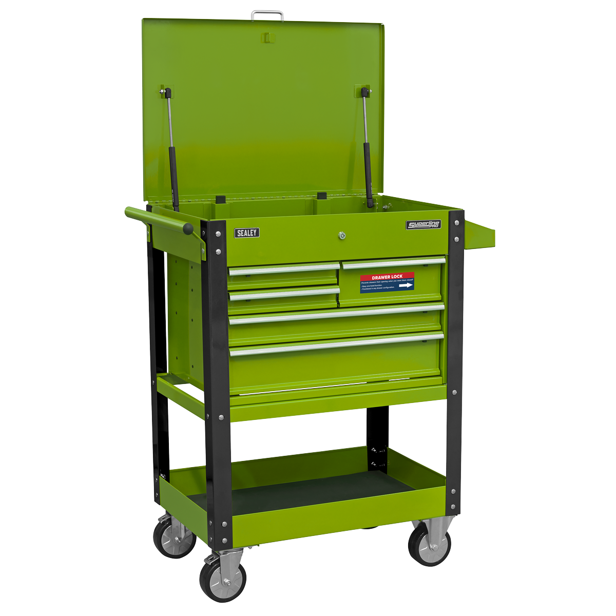 Heavy-Duty Mobile Tool & Parts Trolley with 5 Drawers and Lockable Top - Hi-Vis Green AP890MHV