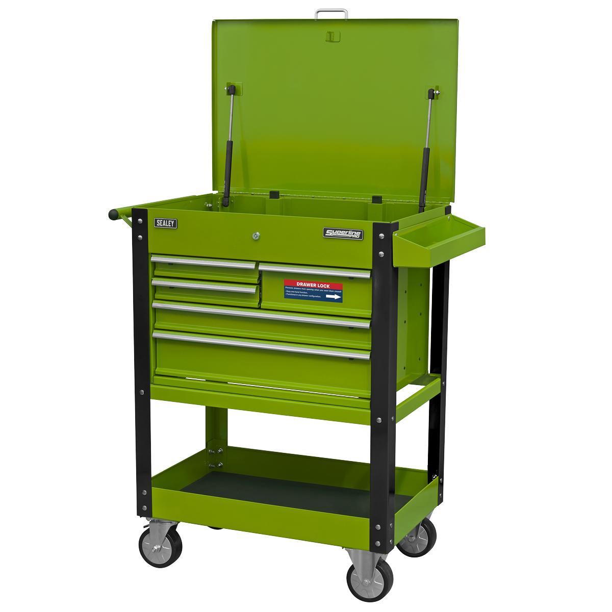 Heavy-Duty Mobile Tool & Parts Trolley with 5 Drawers and Lockable Top - Hi-Vis Green AP890MHV