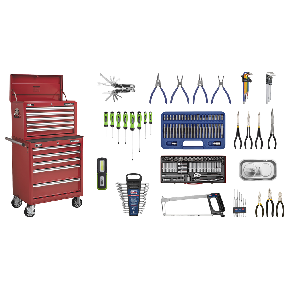 Topchest & Rollcab Combination 10 Drawer with 148pc Tool Kit - Red APCOMBOBBTK55