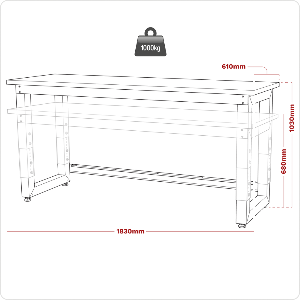Heavy-Duty Steel Adjustable Workbench with Stainless Steel Worktop 1830mm APMS23