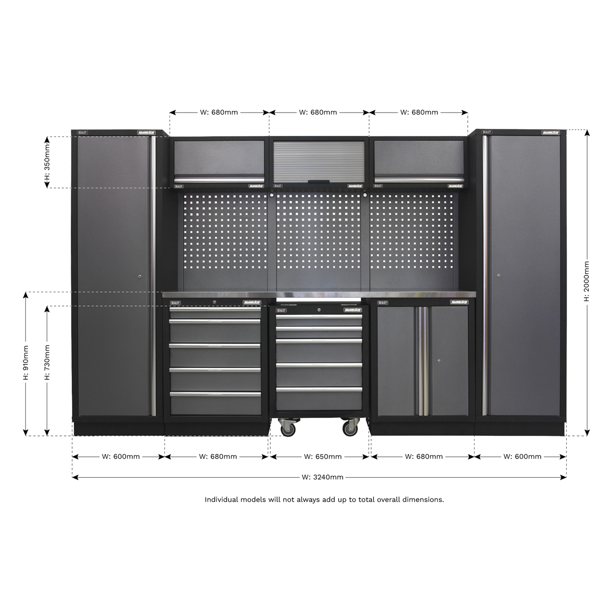 Storage System with Stainless Worktop 3.24m APMSSTACK03SS