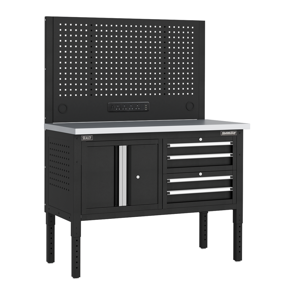 Modular Workbench with 4 Drawers & Cupboard Stainless Steel Worktop Adjustable Height 1265mm APMWB50COMBO1SS