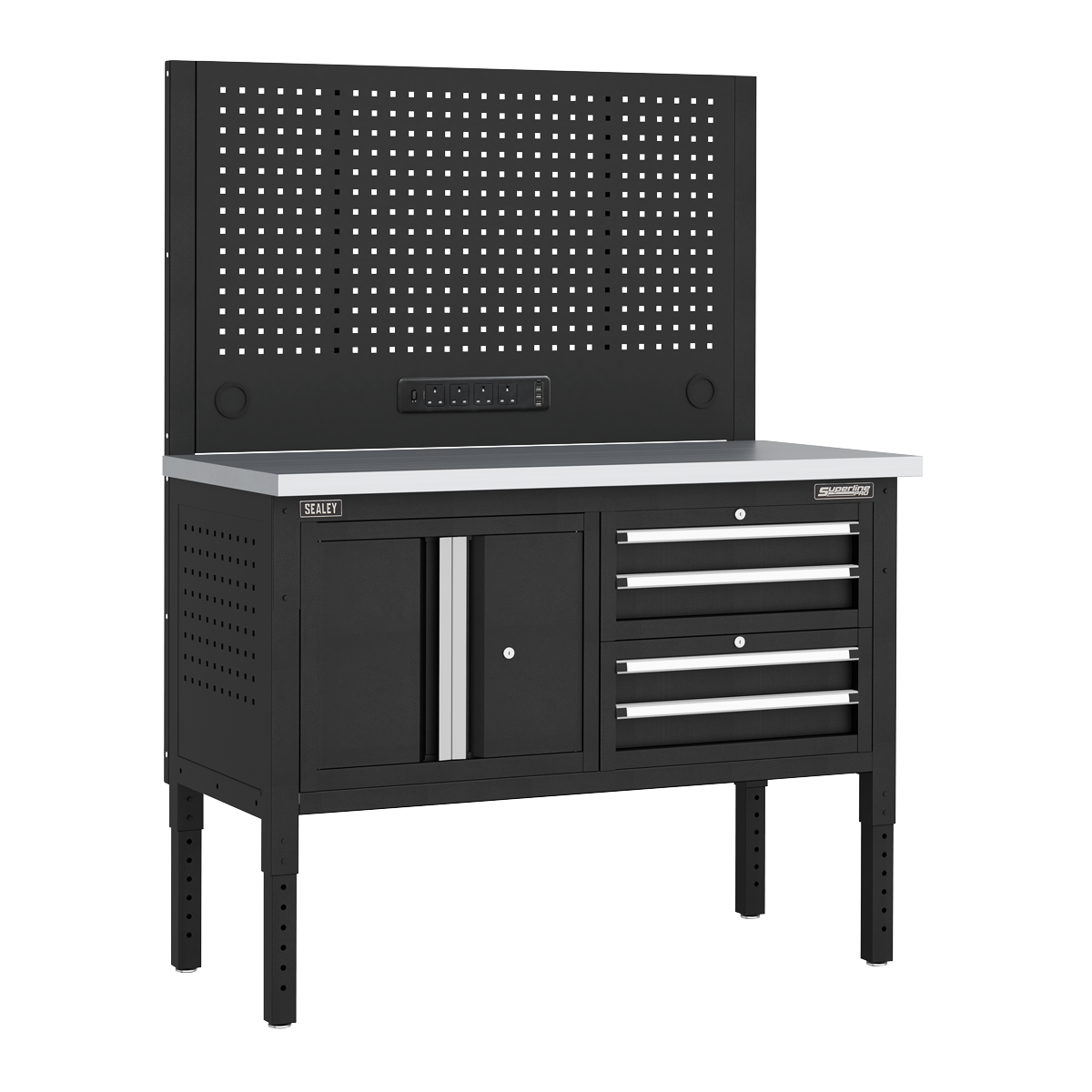 Modular Workbench with 4 Drawers & Cupboard Stainless Steel Worktop Adjustable Height 1265mm APMWB50COMBO1SS
