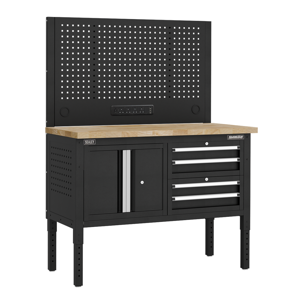 Modular Workbench with 4 Drawers & Cupboard Wooden Worktop Adjustable Height 1265mm APMWB50COMBO1W