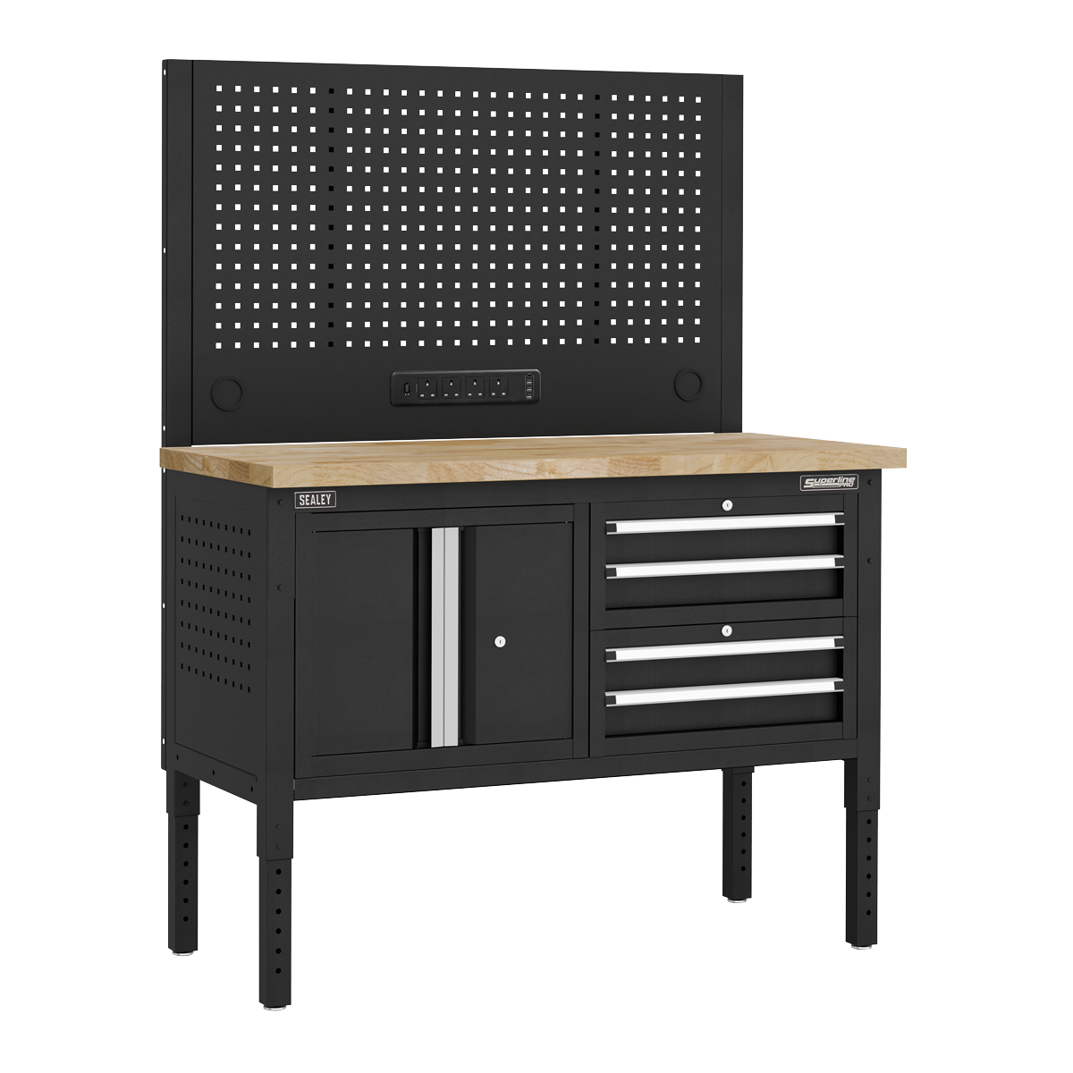Modular Workbench with 4 Drawers & Cupboard Wooden Worktop Adjustable Height 1265mm APMWB50COMBO1W