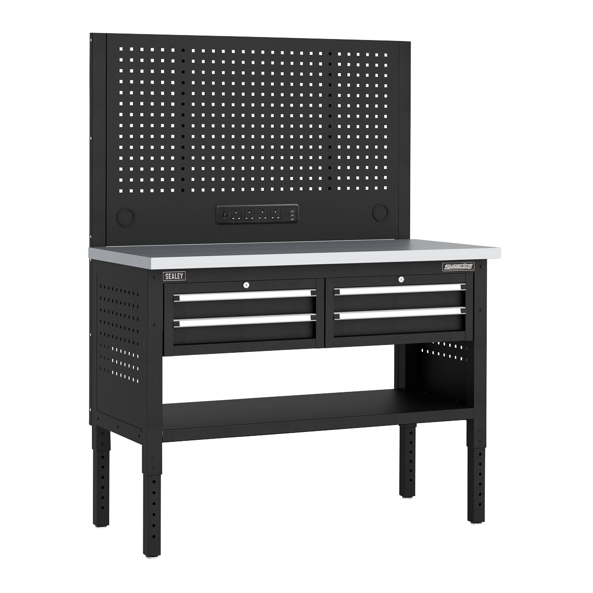 Modular Workbench with 4 Drawers Stainless Steel Worktop Adjustable Height 1265mm APMWB50COMBO2SS