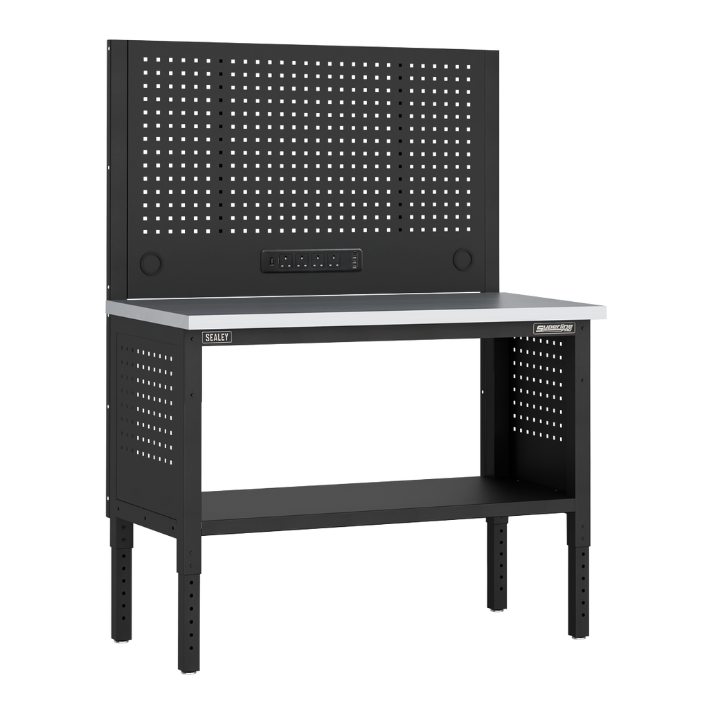 Modular Workbench with Pegboard Back Panel Stainless Steel Worktop Adjustable Height 1265mm APMWB50COMBOSS
