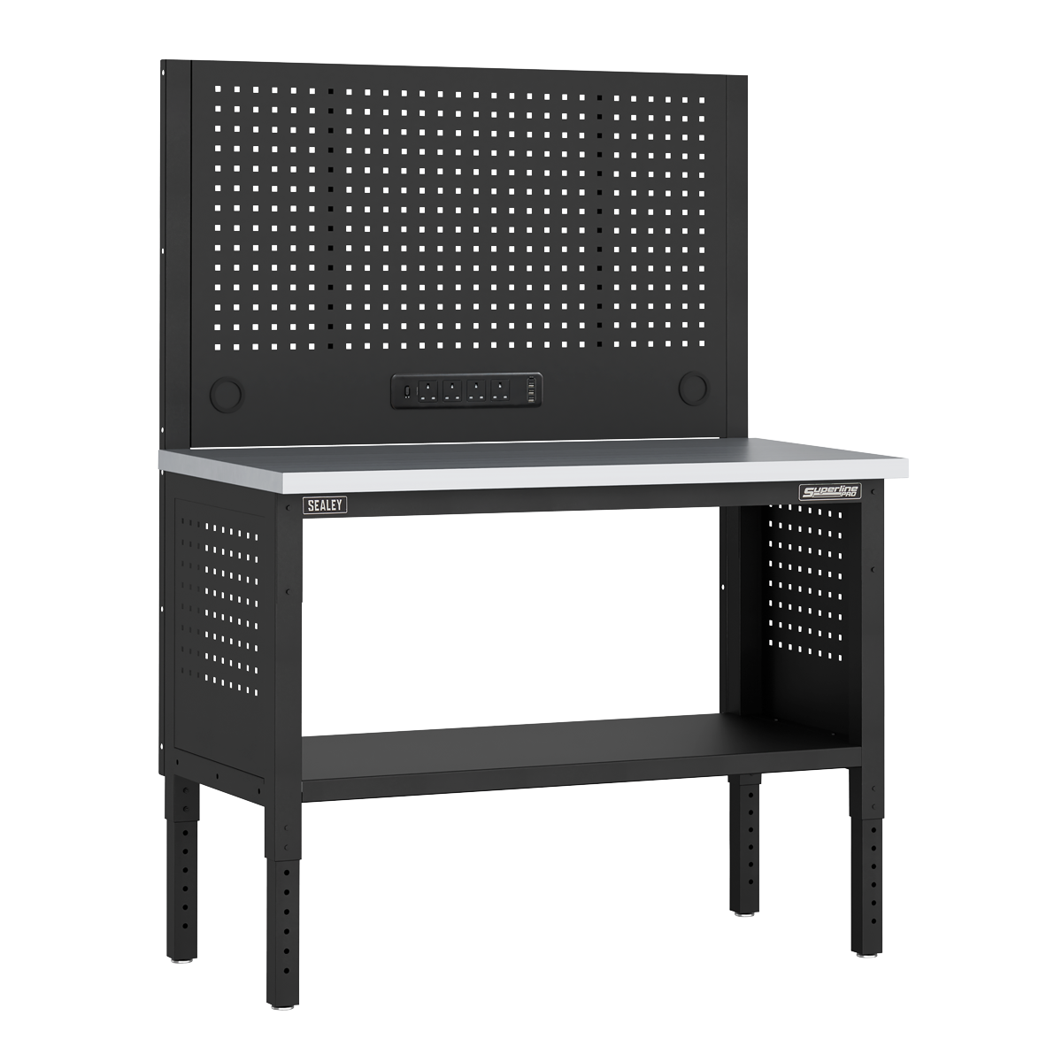 Modular Workbench with Pegboard Back Panel Stainless Steel Worktop Adjustable Height 1265mm APMWB50COMBOSS