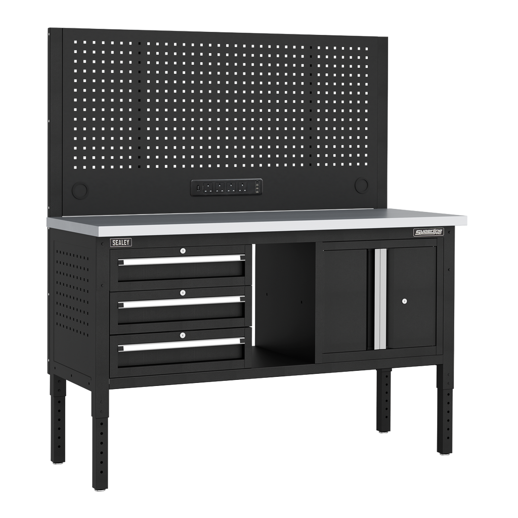 Modular Workbench with 3 Drawers & Cupboard Stainless Steel Worktop Adjustable Height 1525mm APMWB60COMBO2SS