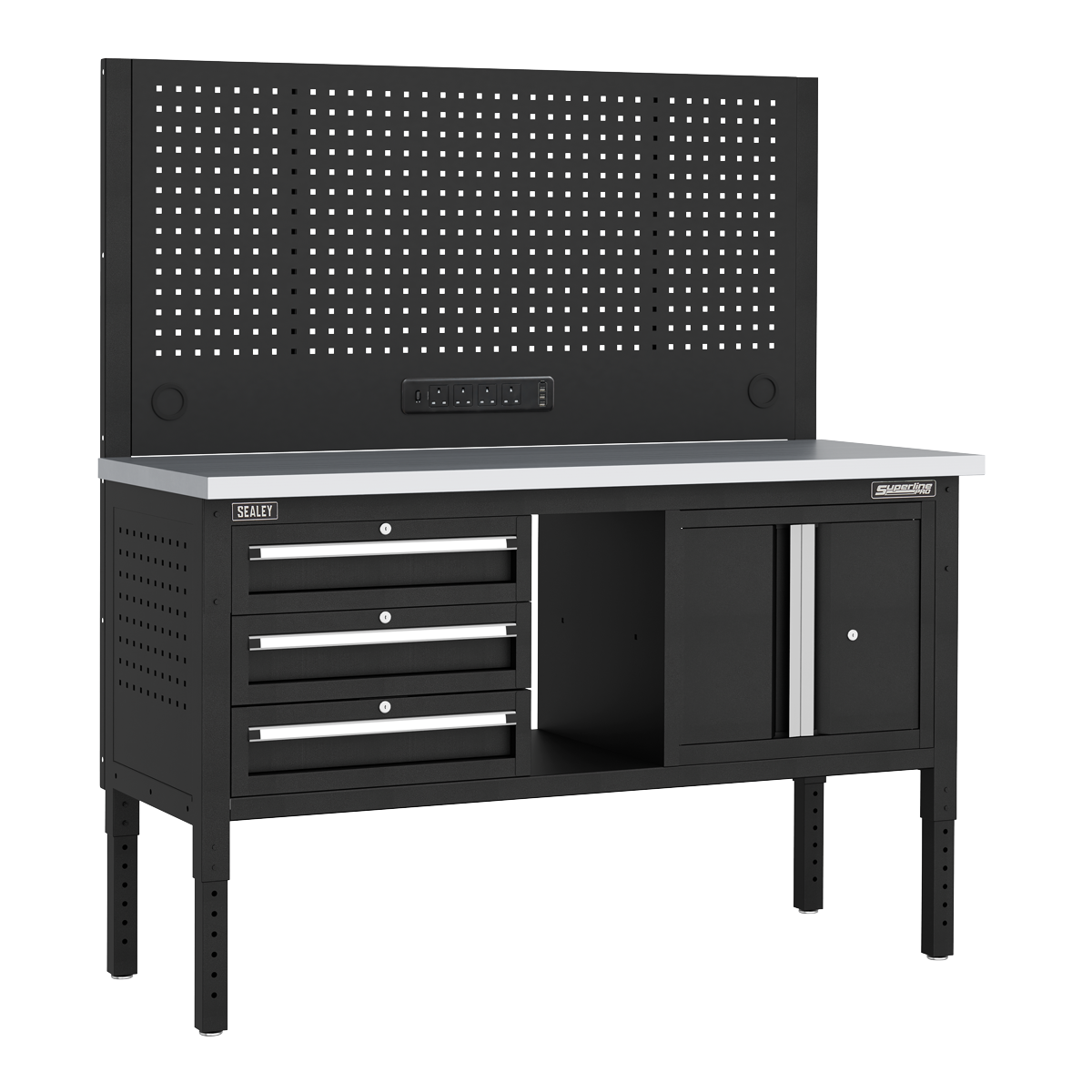 Modular Workbench with 3 Drawers & Cupboard Stainless Steel Worktop Adjustable Height 1525mm APMWB60COMBO2SS