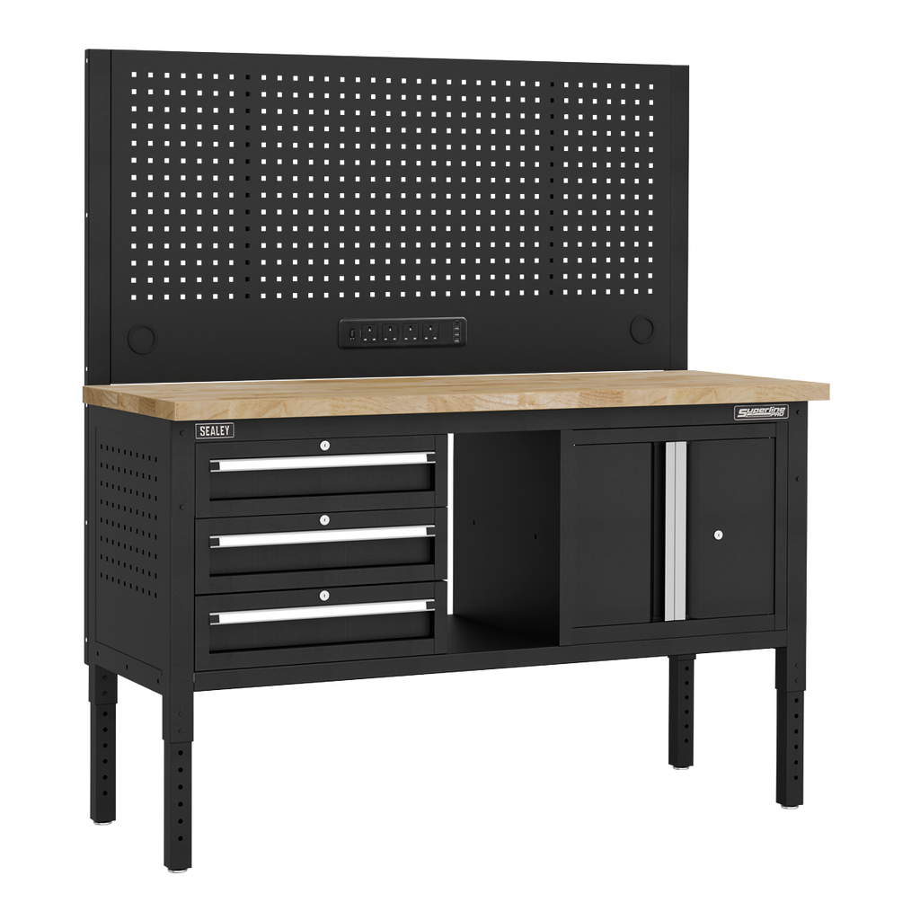 Modular Workbench with 3 Drawers & Cupboard Wooden Worktop Adjustable Height 1525mm APMWB60COMBO2W