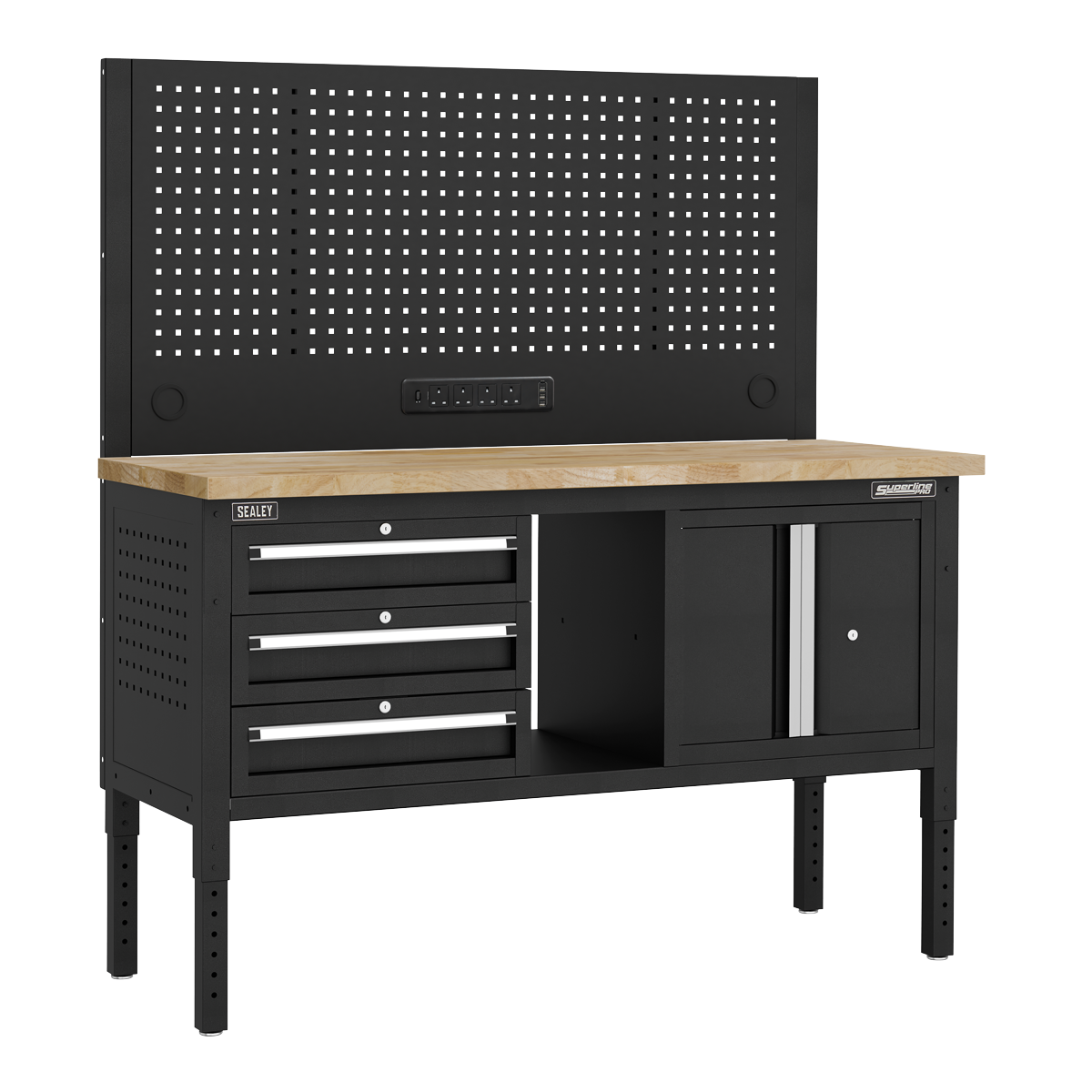 Modular Workbench with 3 Drawers & Cupboard Wooden Worktop Adjustable Height 1525mm APMWB60COMBO2W