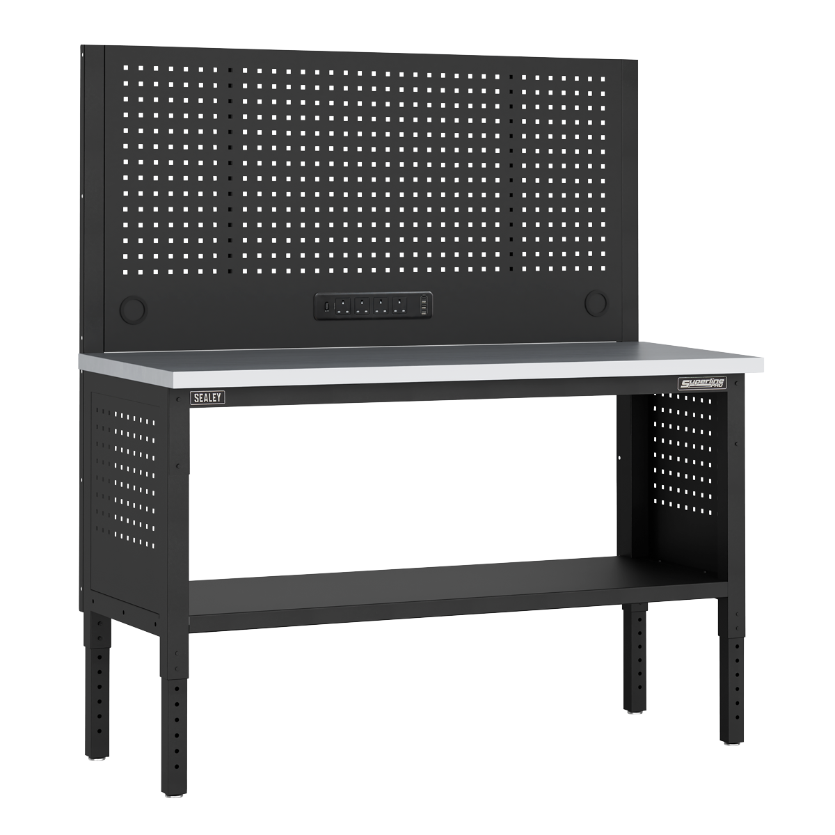 Modular Workbench with Pegboard Back Panel Stainless Steel Worktop Adjustable Height 1525mm APMWB60COMBOSS