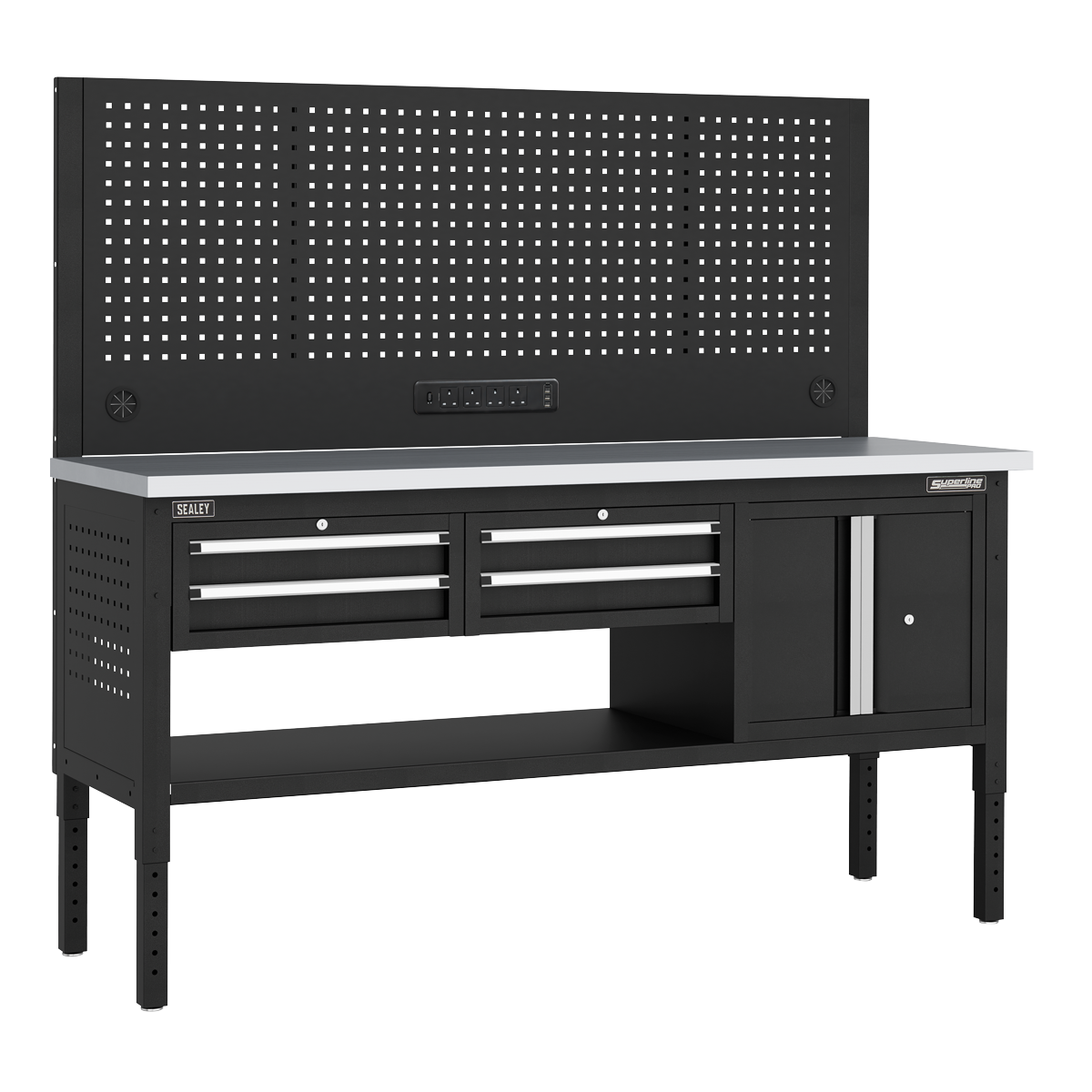 Modular Workbench with 4 Drawers & Cupboard Stainless Steel Worktop Adjustable Height 1830mm APMWB72COMBO1SS