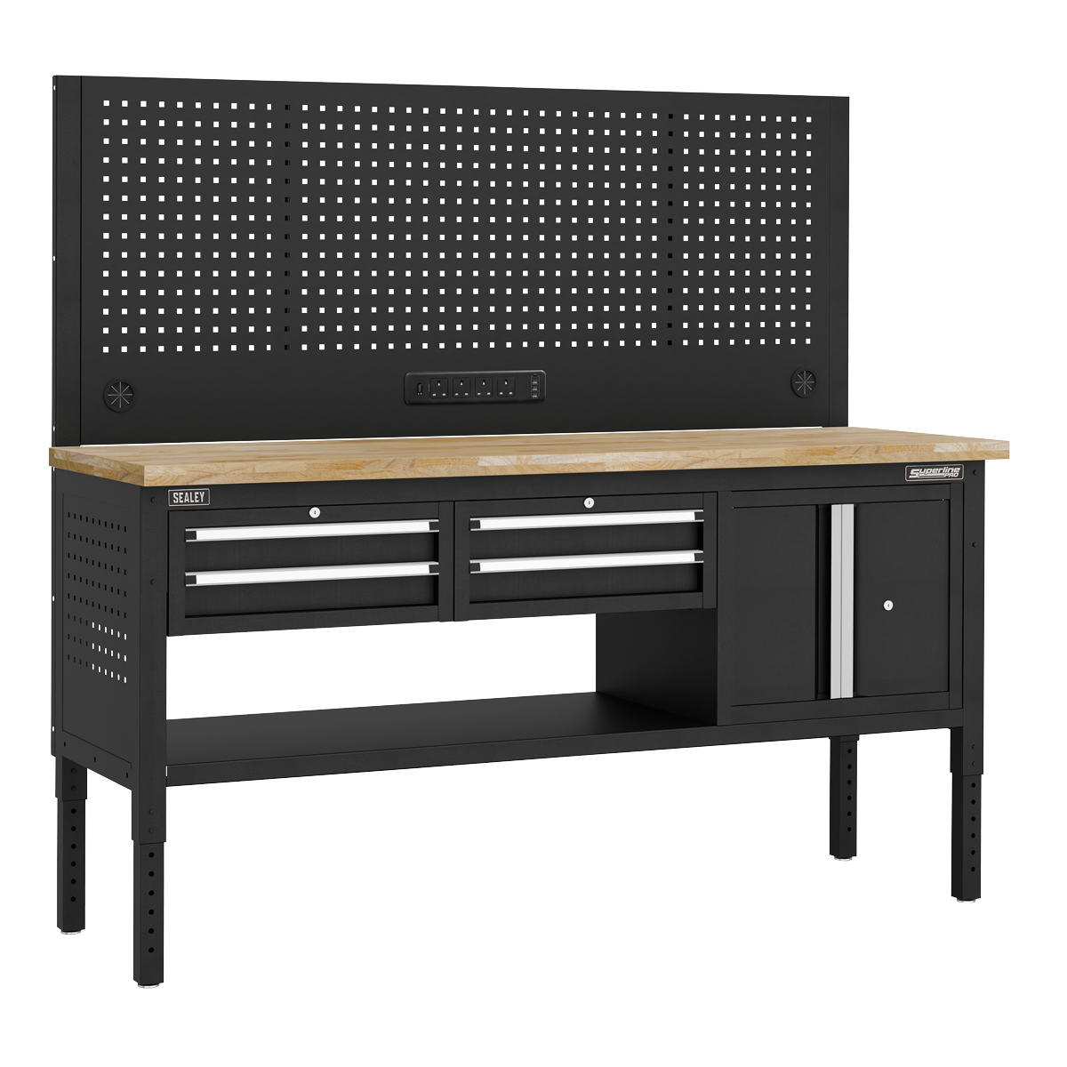 Modular Workbench with 4 Drawers & Cupboard Wooden Worktop Adjustable Height 1830mm APMWB72COMBO1W