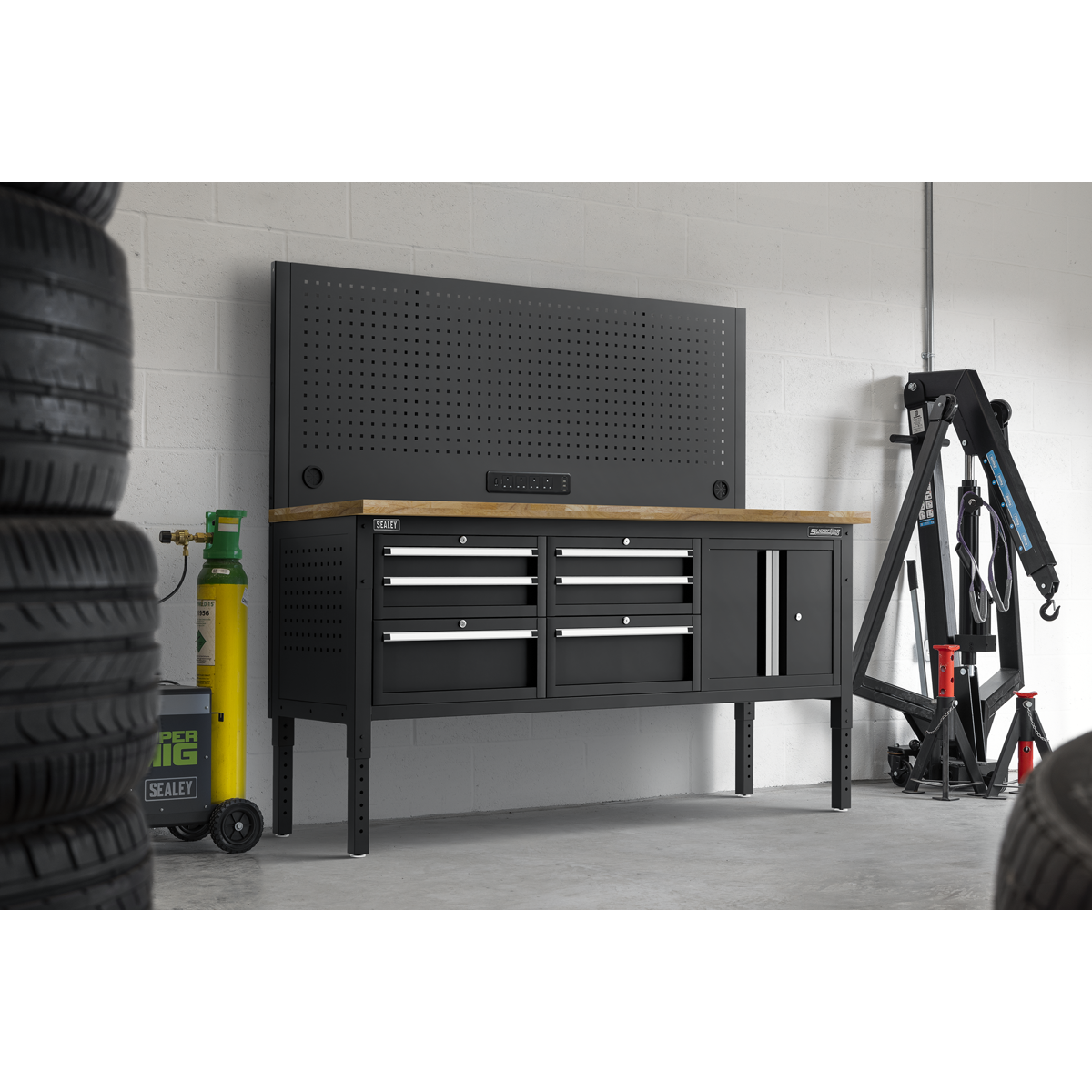 Modular Workbench with 6 Drawers & Cupboard Wooden Worktop Adjustable Height 1830mm APMWB72COMBO2W