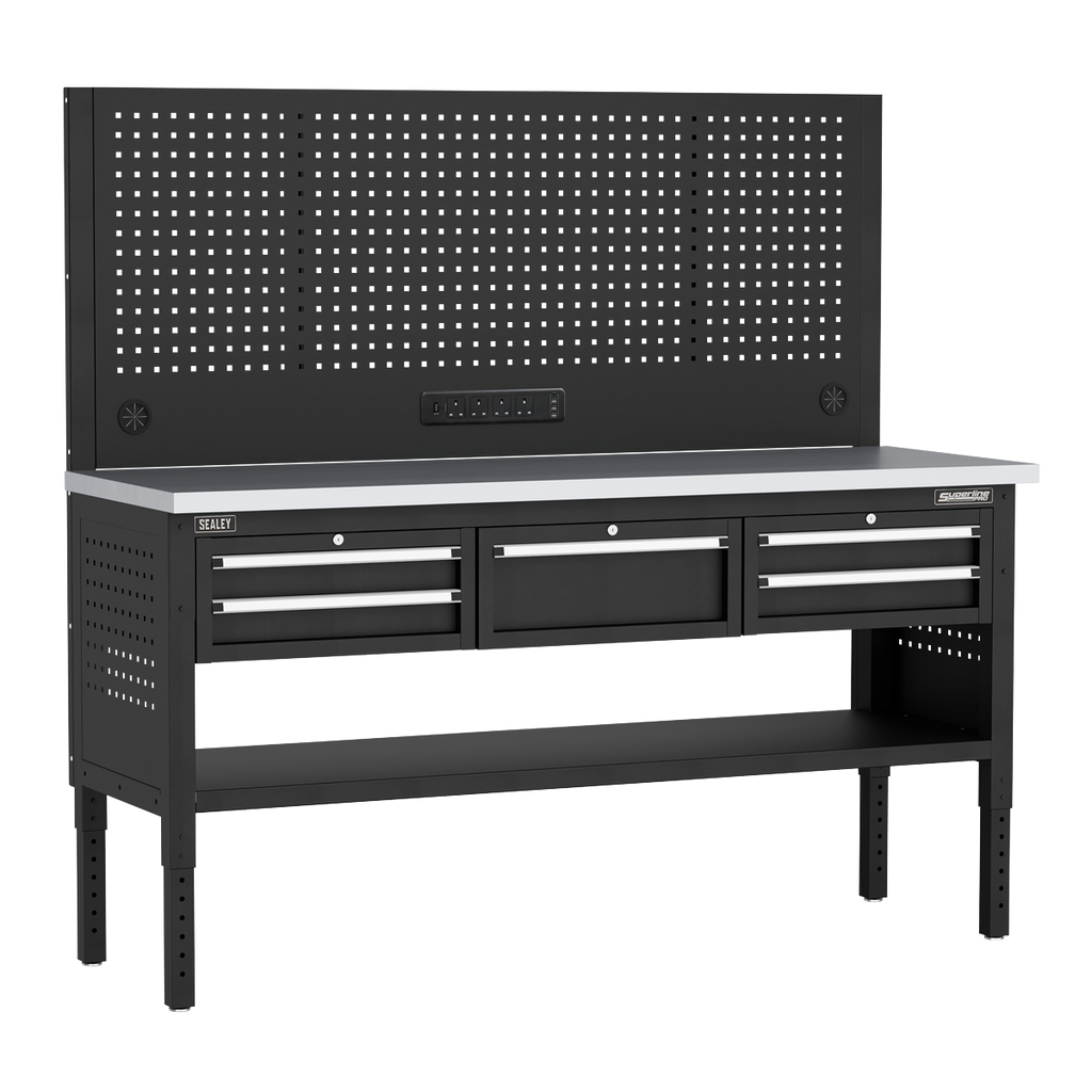 Modular Workbench with 5 Drawers Stainless Steel Worktop Adjustable Height 1830mm APMWB72COMBO3SS
