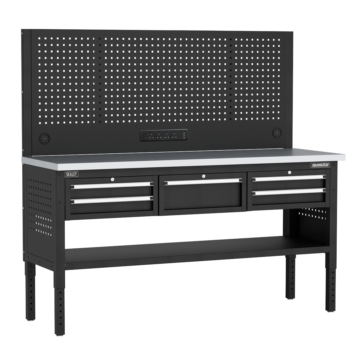 Modular Workbench with 5 Drawers Stainless Steel Worktop Adjustable Height 1830mm APMWB72COMBO3SS