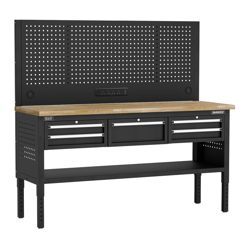 Modular Adjustable-Height Workbench with 5 Drawers & Wooden Worktop 1830mm APMWB72COMBO3W