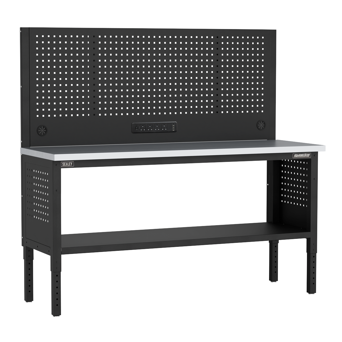 Modular Workbench with Pegboard Back Panel Stainless Steel Worktop Adjustable Height 1830mm APMWB72COMBOSS