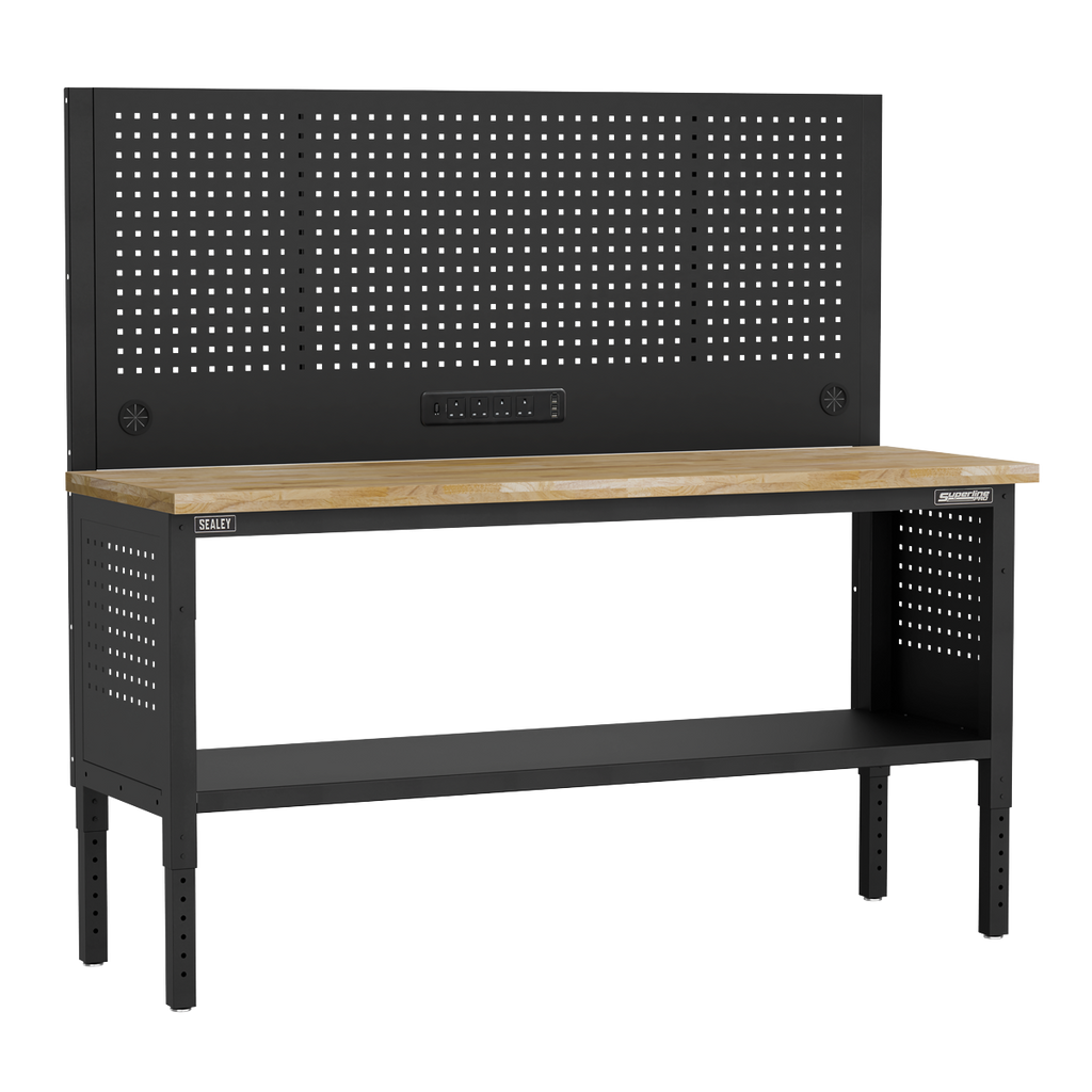 Modular Adjustable-Height Workbench with Pegboard Back Panel & Wooden Worktop 1830mm APMWB72COMBOW
