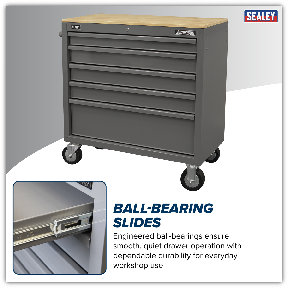 Mobile Workstation with Wooden Worktop 5 Drawer - Grey APMWS1G