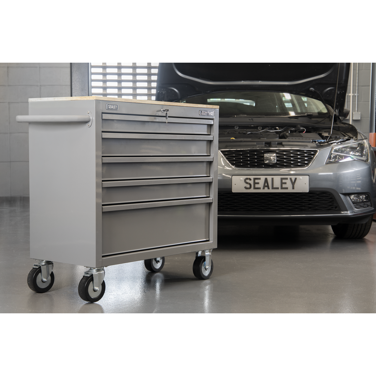 Mobile Workstation with Wooden Worktop 5 Drawer - Grey APMWS1G