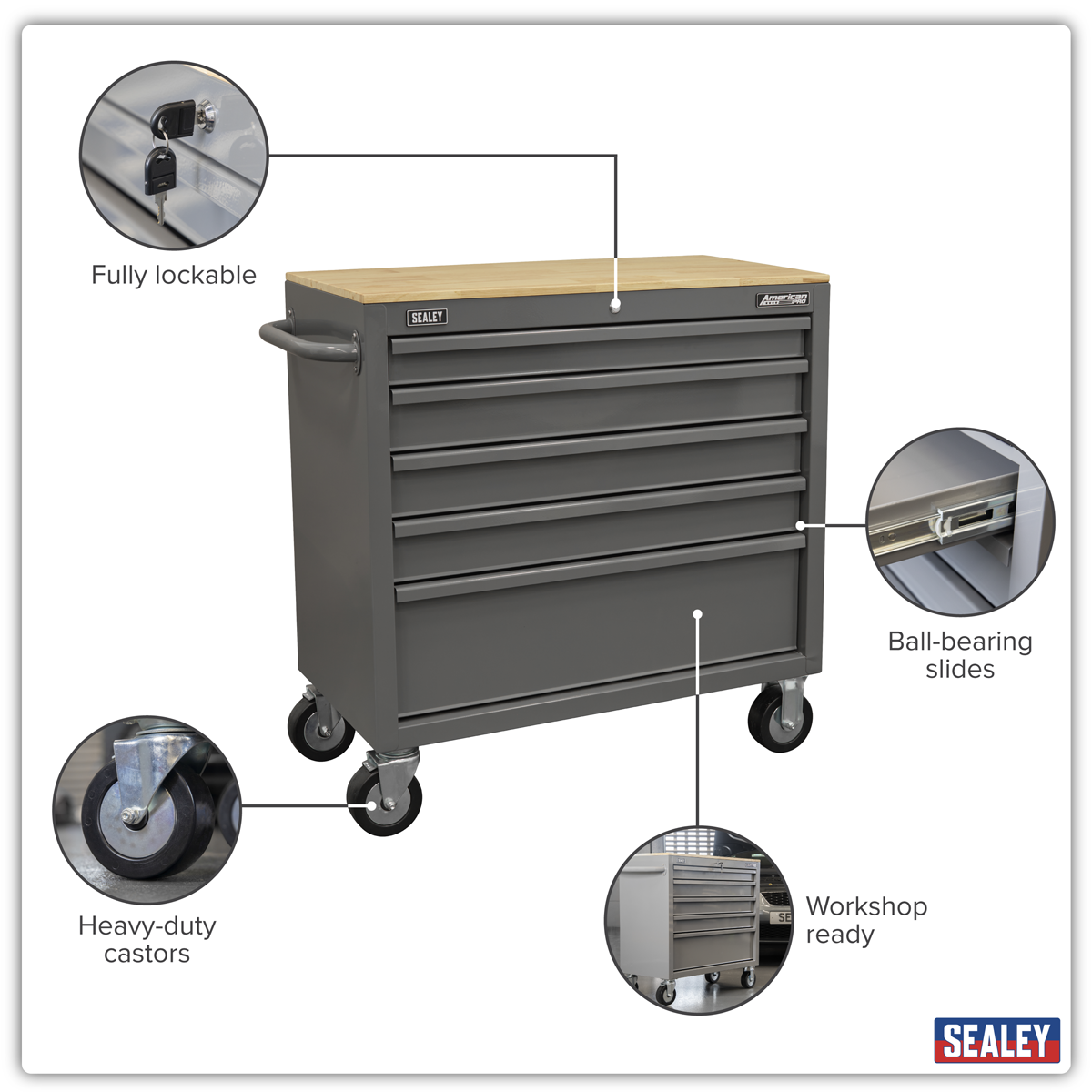 Mobile Workstation with Wooden Worktop 5 Drawer - Grey APMWS1G