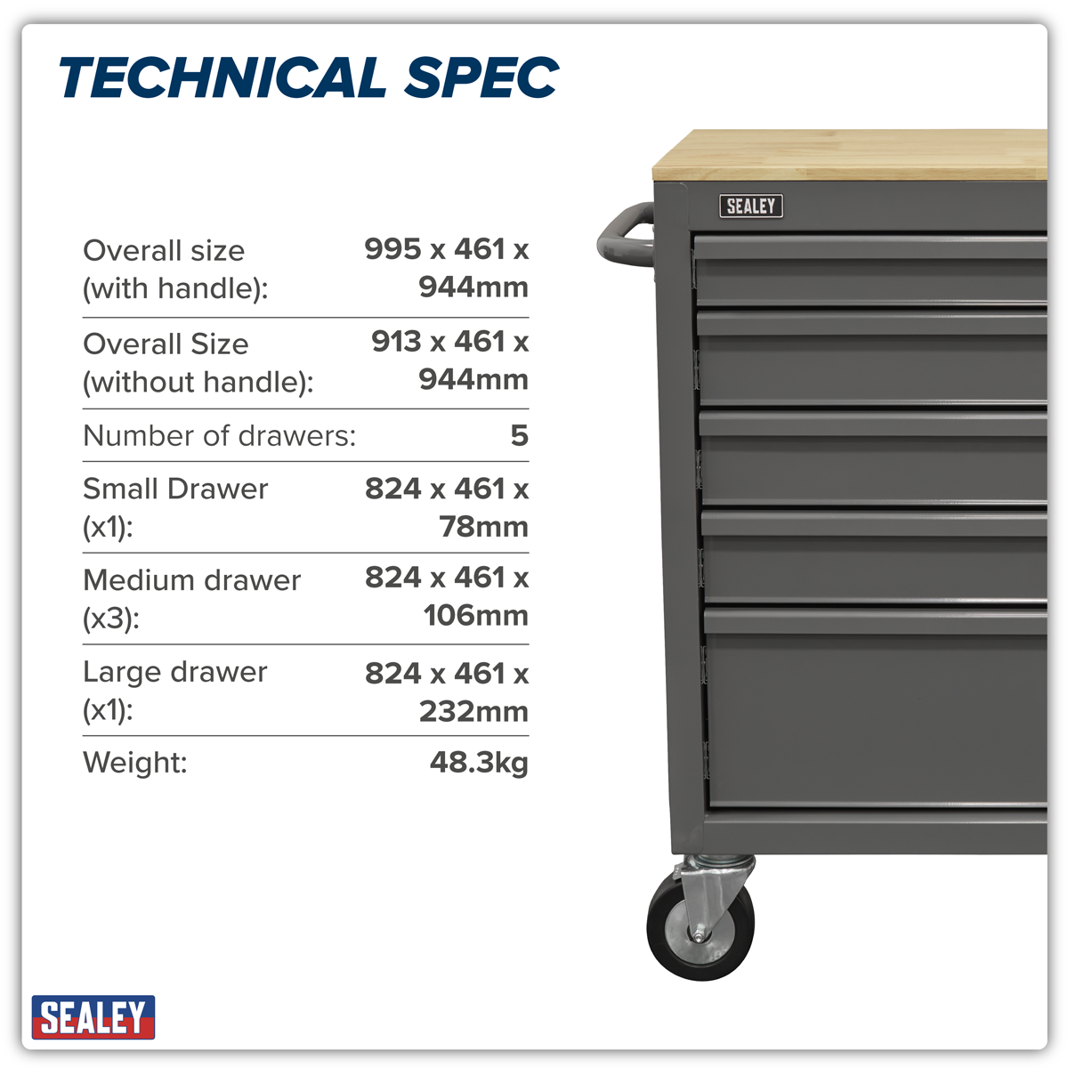 Mobile Workstation with Wooden Worktop 5 Drawer - Grey APMWS1G