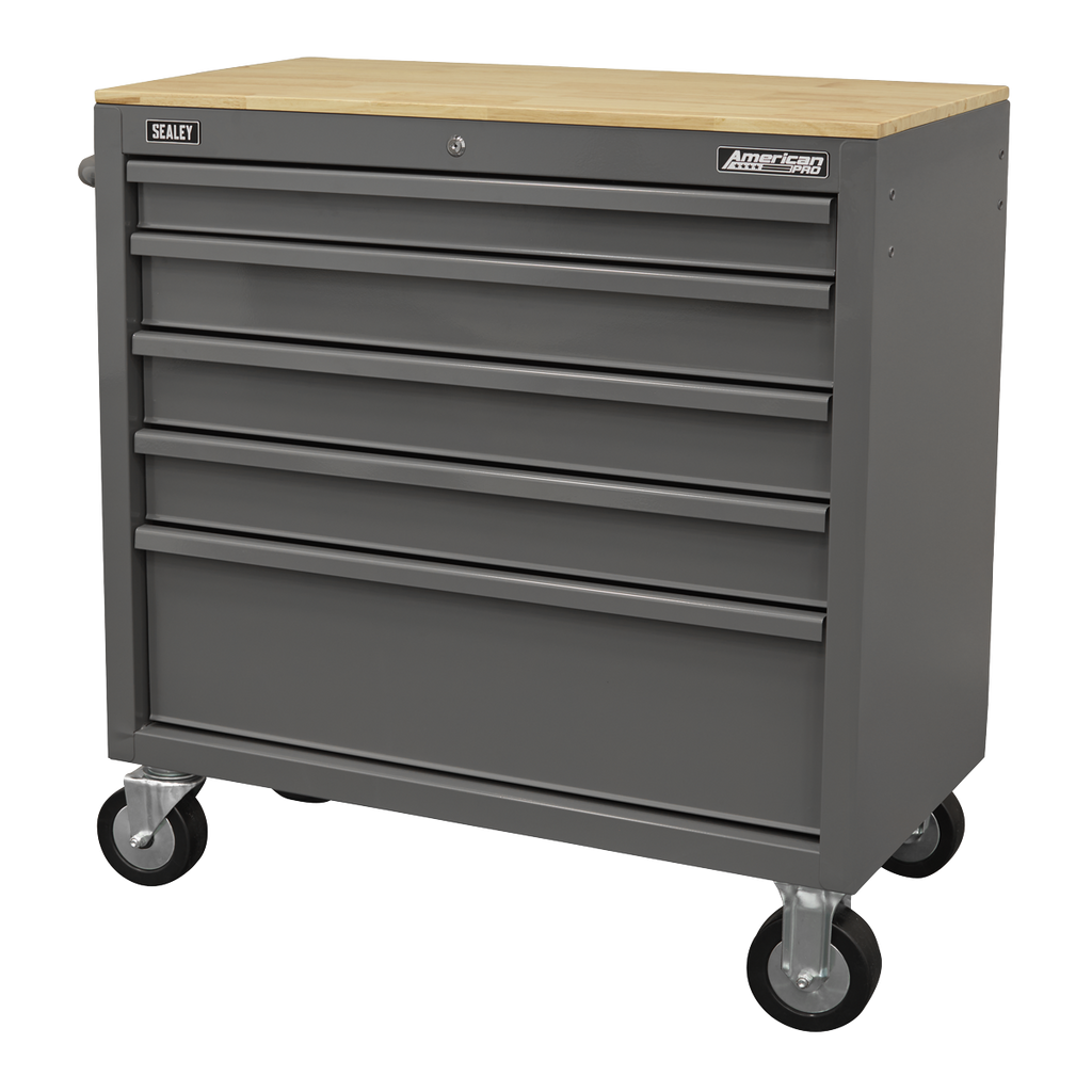Mobile Workstation with Wooden Worktop 5 Drawer - Grey APMWS1G