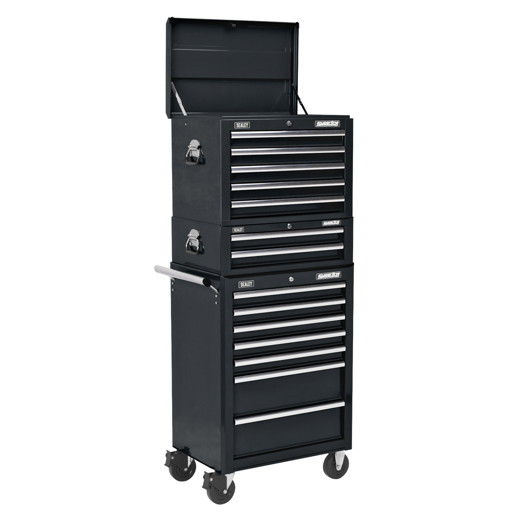 Topchest, Mid-Box Tool Chest & Rollcab Combination 14 Drawer - Black APSTACKTB