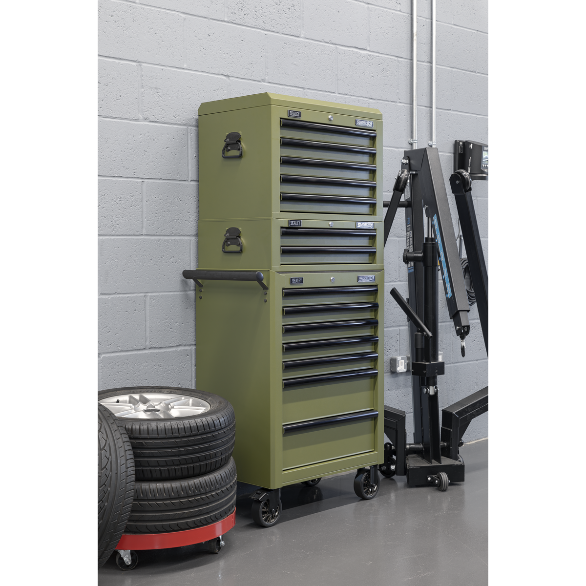 Topchest, Mid-Box Tool Chest & Rollcab Combination 14 Drawer - Khaki APSTACKTK