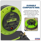 10m Cassette Type Cable Reel with Thermal Trip 2 x 230V & 2 x USB - Hi-Vis Green BCR10G