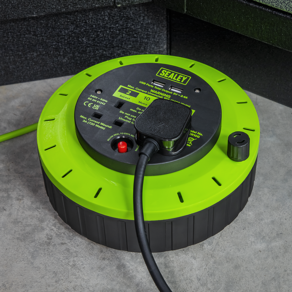 10m Cassette Type Cable Reel with Thermal Trip 2 x 230V & 2 x USB - Hi-Vis Green BCR10G