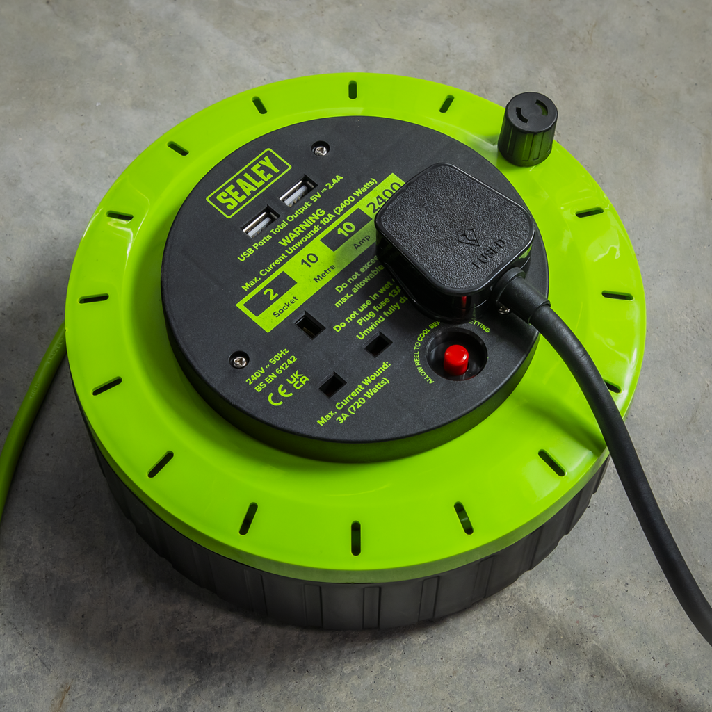 10m Cassette Type Cable Reel with Thermal Trip 2 x 230V & 2 x USB - Hi-Vis Green BCR10G