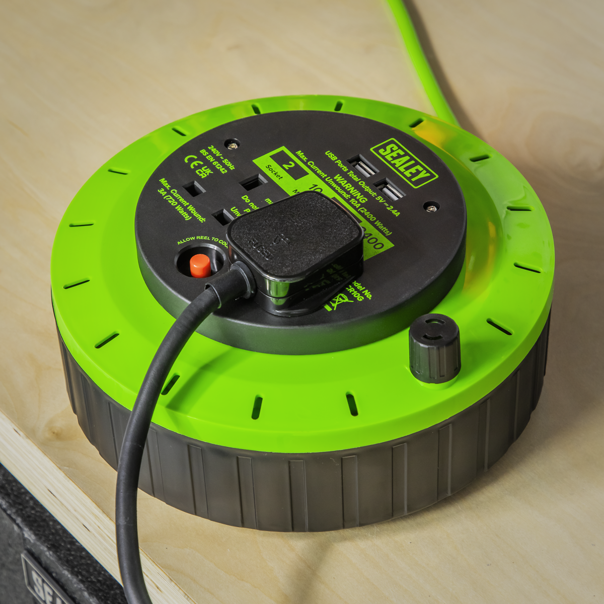 10m Cassette Type Cable Reel with Thermal Trip 2 x 230V & 2 x USB - Hi-Vis Green BCR10G