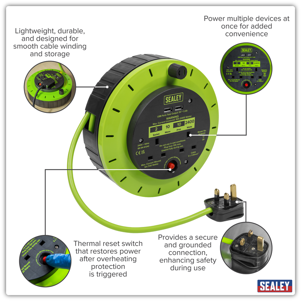 10m Cassette Type Cable Reel with Thermal Trip 2 x 230V & 2 x USB - Hi-Vis Green BCR10G