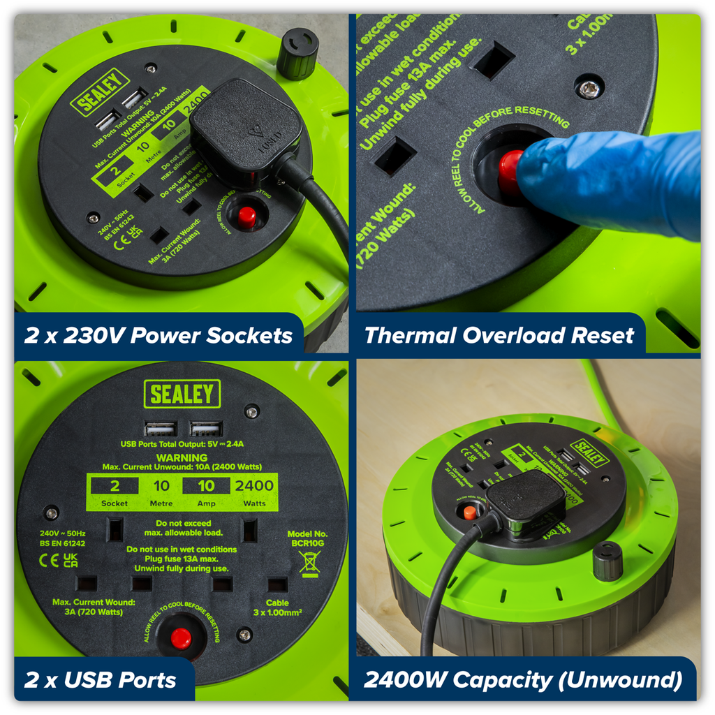 10m Cassette Type Cable Reel with Thermal Trip 2 x 230V & 2 x USB - Hi-Vis Green BCR10G