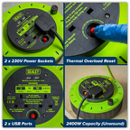 10m Cassette Type Cable Reel with Thermal Trip 2 x 230V & 2 x USB - Hi-Vis Green BCR10G