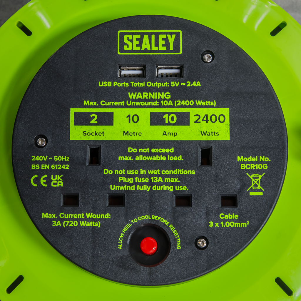 10m Cassette Type Cable Reel with Thermal Trip 2 x 230V & 2 x USB - Hi-Vis Green BCR10G
