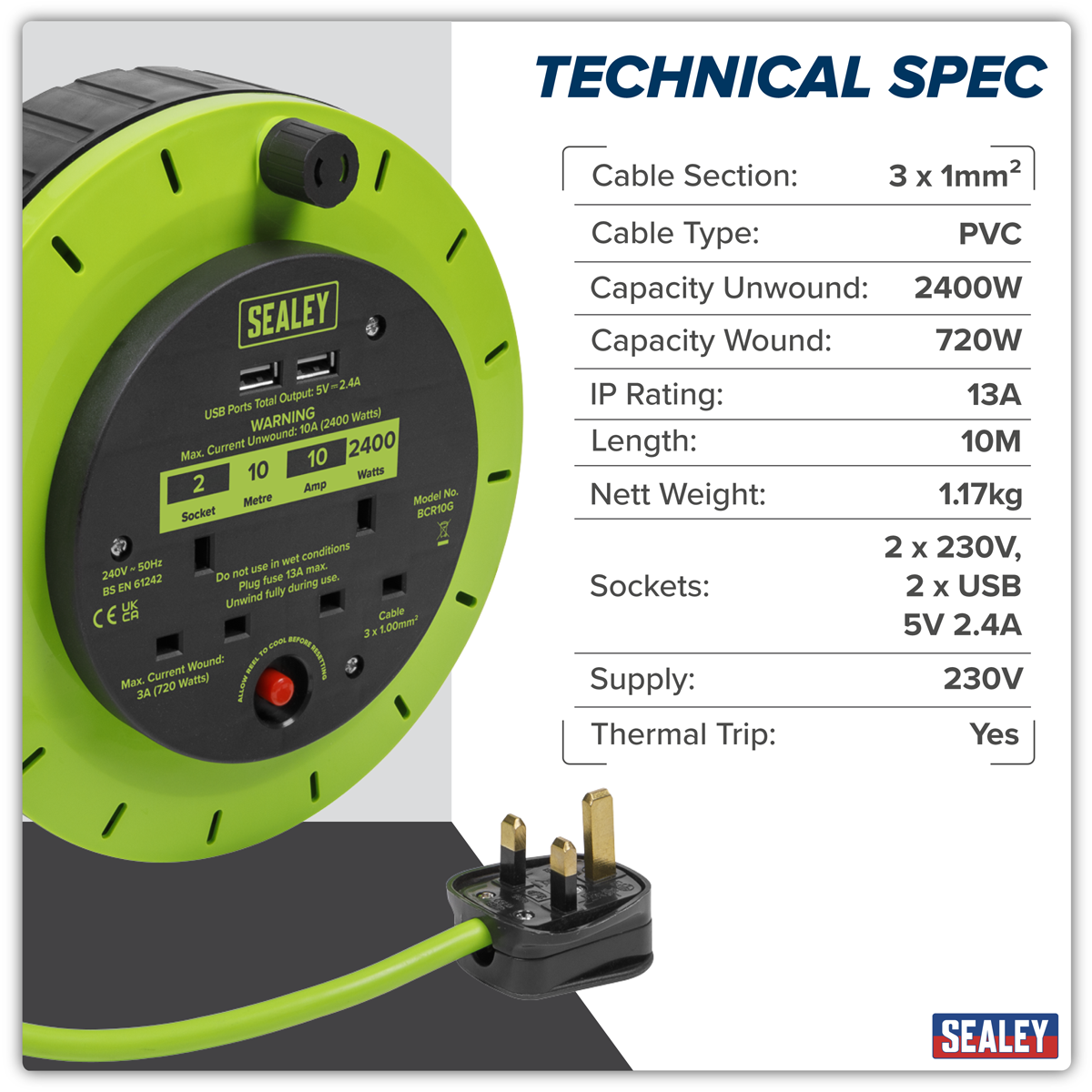 10m Cassette Type Cable Reel with Thermal Trip 2 x 230V & 2 x USB - Hi-Vis Green BCR10G
