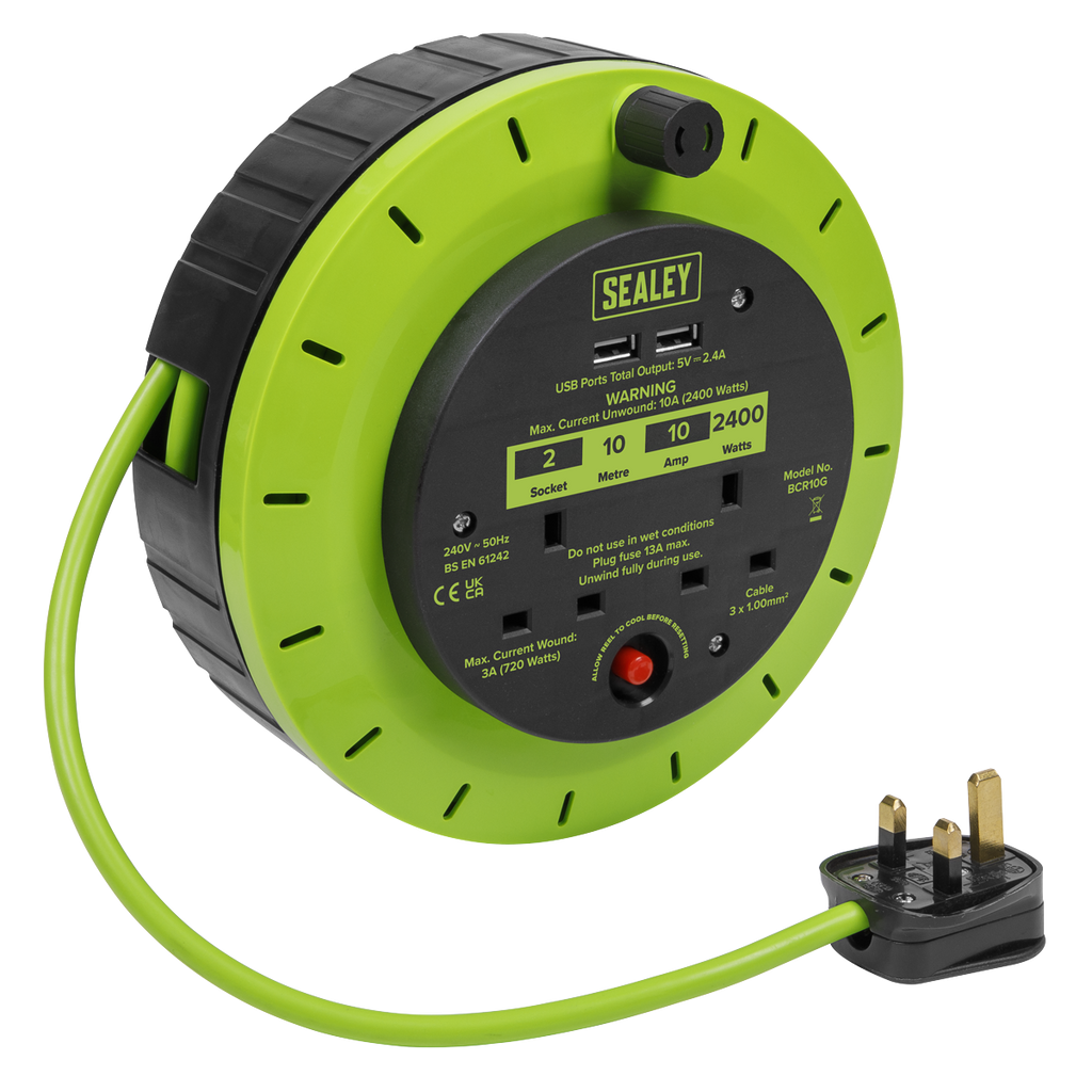 10m Cassette Type Cable Reel with Thermal Trip 2 x 230V & 2 x USB - Hi-Vis Green BCR10G